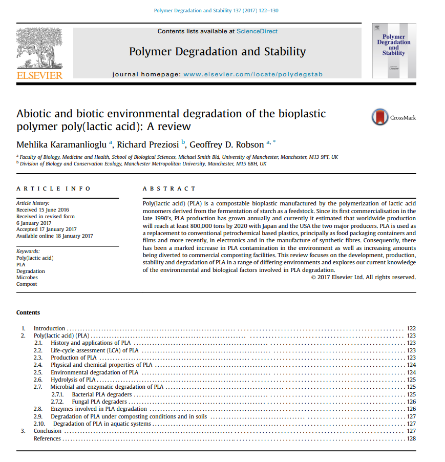 文献翻译|Abiotic and biotic environmental degradation of the bioplastic polymer poly(lactic acid): A review